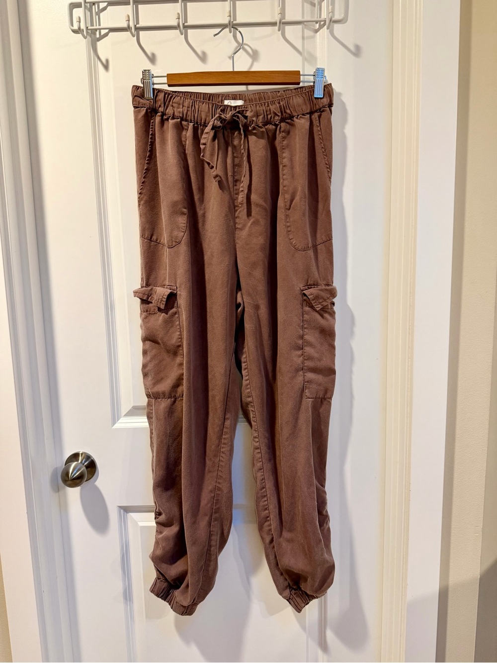 Japna Brown Taupe High Waist Cargo Joggers Flowy Pants Ruched Drapey Size L